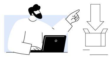 Dizüstü bilgisayarda çalışan kişi açık kutuyu işaret eden büyük indirme okuna doğru hareket eder. Teknoloji, dosya paylaşımı, e-ticaret, lojistik, yazılım, veri transferi, iletişim için ideal. Basit düz