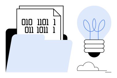 Parlayan bir ampulün yanında ikili kod dosyalarını içeren açık klasör yenilik, yaratıcılık ve teknolojiyi sembolize ediyor. Veri bilimi, depolama, yenilik, programlama, teknoloji kavramları için ideal