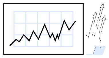 Gelişmeyi ve ilerlemeyi temsil eden çizgi çizelgesi, başarıyı gösteren oklar, teknolojiyi öneren dizüstü bilgisayarlar. İş için ideal, analitik, finans, başarı, yenilik, strateji