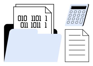 Dizin, hesap makinesi, veri organizasyonunu, hesaplamayı, kodlamayı, arşivlemeyi, dijital belgeleri, kayıt tutma finansal yönetimini temsil eden düz metin kağıtları. Basit düz