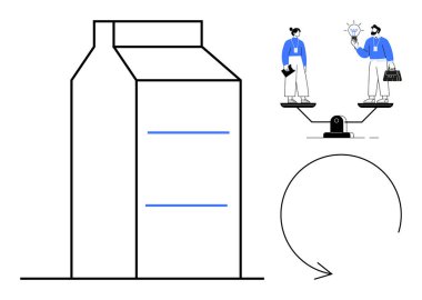 Süt kutusu, iki kişinin fikir sunduğu dengeli ölçü ve geri dönüşümü sembolize eden dairesel bir ok. Sürdürülebilirlik, ambalaj yeniliği, takım çalışması, çevre bilinci için ideal
