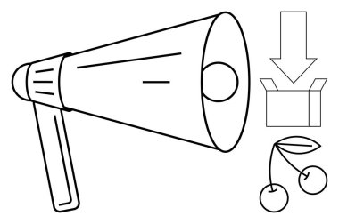 Aşağı doğru ok, açık kutu ve kiraz dalı ile eşleştirilen megafon iletişim, dağıtım ve üretim kavramlarını görselleştirir. Pazarlama, lojistik, yaratıcılık ve takım çalışması için ideal