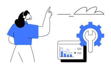 Kulaklığı yukarı doğru çevrilmiş bir kadın, ekranda çizelge ve ingiliz anahtarı olan bir dişli. Veri analizi, teknik destek, müşteri hizmetleri, iş araçları, optimizasyon, takım çalışması problem çözme için ideal