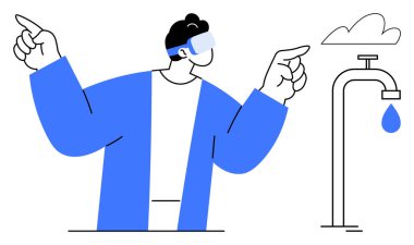 VR kulaklık takan kişi, dijital teknolojiyi, sürdürülebilirliği, yeniliği ve kaynak yönetimini temsil eden artırılmış su musluğu ve bulut sembolü ile etkileşime giriyor. VR teknolojisi ve su için ideal.