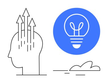 Büyümeyi gösteren okları olan insan kafası, parlak bir ampulün yanında fikirler için mavi bir daire çiziyor. Yaratıcılık, yenilik, büyüme zihniyeti, problem çözme, beyin fırtınası, eğitim, basit