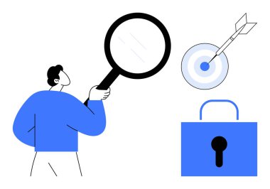 Elinde büyüteç, okla vurulmuş bir hedef ve kilitli bir asma kilit olan biri. Planlama, strateji, güvenlik, hedefler, analiz araştırmaları ve başarı temaları için idealdir. Basit düz metafor