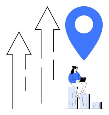 Dizüstü bilgisayarı, mavi lokasyon iğnesi ve yükselen oklarla grafik çubuklarında oturan kadın, büyüme, strateji, dijital bağlantı, yenilik, uzaktan çalışma, başarılar ve ilerlemeyi vurguluyor. Basit için mükemmel.