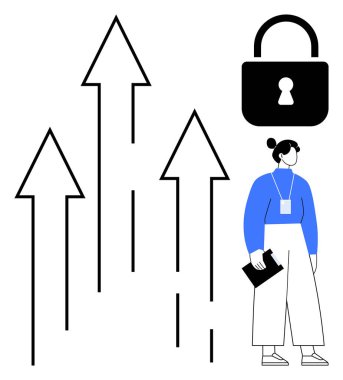Profesyonel bir kadın elinde bir pano, büyük bir asma kilit sembolü ve yukarı bakan oklar güvenlik, büyüme ve başarıyı temsil ediyor. Veri koruması, yenilik, iş ilerlemesi ve liderlik girişimi için ideal
