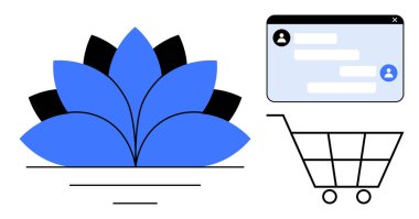 Mavi Lotus grafikleri, sohbet pencereleri ve alışveriş arabaları sakinliği, dijital mağazaları ve müşteri etkileşimini görselleştiriyor. E-ticaret, farkındalık, sağIık, sohbet araçları için ideal basit pazarlama araçları
