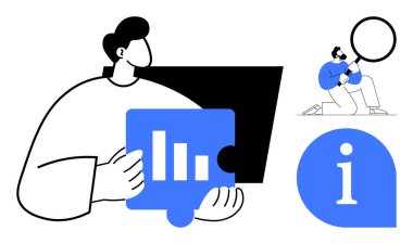 Yapboz parçasını sunan kişi, verileri büyüteçle inceleyen araştırmacı, bilgi balonu. Takım çalışması için ideal, veri analizi, strateji, araştırma, problem çözme, yenilik basit