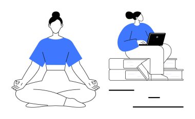 Meditasyon yapan bir kadın bacak bacak üstüne atmış bir diğeri de dizüstü bilgisayarla kitapların üzerinde çalışıyor. Farkındalık, üretkenlik, öğrenme, denge, sağlık, odaklanma, basit iniş sayfası için ideal