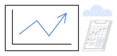 Ekranda yükselen çizgi grafiği ve analitik raporlu pano. Veri analizi, iş büyümesi, planlama, strateji, analitik, rapor görselleştirme için ideal, basit düz metafor
