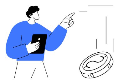 Tableti tutan ve düşen bir madeni parayı işaret eden kişi. Finans, yatırım, ekonomi, teknoloji, karar verme mekanizması, strateji, dijital araçlar ve eğilimler için ideal. En az düz metafor