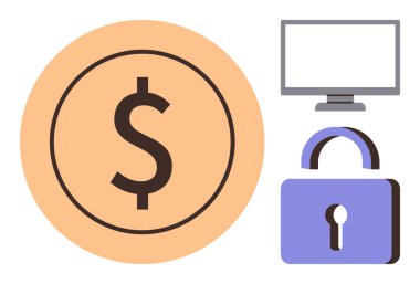 Dolar simgesi simgesi, izleme ve kilit kilidi veri güvenliğini, çevrimiçi ödemeyi, dijital bankacılık, siber güvenlik, finansal teknoloji, güvenli işlemler, basit düz metafor