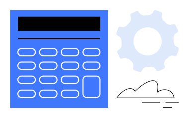 Bir dişlinin yanında mavi hesap makinesi ve bulut grafiği finans, hesaplama, sistemler ve veri entegrasyonunu gösteriyor. İş, teknoloji, finans, yenilik, verimlilik stratejisi için idealdir.