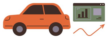 Analitik gösterge panelinin yanında turuncu araba ve yukarı doğru ok. Otomotiv analizi, ulaşım büyümesi, iş performansı, veri eğilimleri, otomotiv pazarlaması, çevre dostu pazarlama için ideal