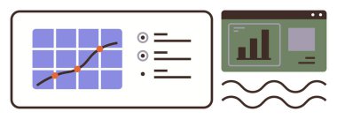 Veri trendleri satır grafiği ile görselleştirildi, yan çubuk çizelgesi ile. Veri analizi, iş büyümesi, dijital araçlar, sunum, rapor, teknoloji ekonomik içgörüler için idealdir. Basit düz