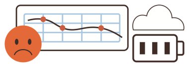 Aşağı doğru eğilimli grafikler, olumsuz duygular için üzgün yüz, düşük enerji gösteren pil simgesi. Üretkenlik, tükenme, performans, enerji, duygu çöküşü için idealdir. Basit düz metafor