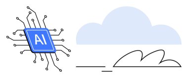 Bulutları sembolize eden bir teknoloji entegrasyonuna bağlı devre çizgileri olan yapay zeka mikroçipi, veri işleme. Yapay zeka, makine öğrenimi, bulut hesaplaması, yenilik, teknoloji, dijital dönüşüm için ideal