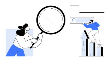 Araştırma, merak, takım çalışması, ilerleme, problem çözme, trend analizi, keşif konularını vurgulayan büyüteç ve arama çubuğu kullanan iki stilize karakter. Girişim için ideal