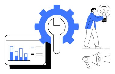 Veri analizli grafikler, alet ve sistemler için ingiliz anahtarı olan ekipmanlar, yeniliği temsil eden bir ampul taşıyan kişi, iletişim için megafon. Strateji, verimlilik ve yenilik için ideal