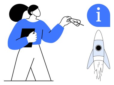 Not defteri tutan kadın, tüyle roket fırlatıyor, bilgi simgesinin yanında. Eğitim, yenilik, yaratıcılık, bilgi paylaşımı, ilham kaynağı gelişimi profesyonel gelişme için idealdir. Basit.