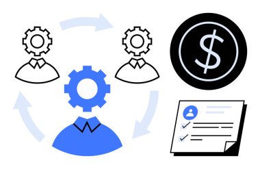 Vitesler, insanlar, oklar, dokümanlar, dolar işareti taşımacılık işbirliği, iş akışı, strateji, verimlilik HR otomasyonu. İş yönetimi planlaması için ideal dijital takım çalışması