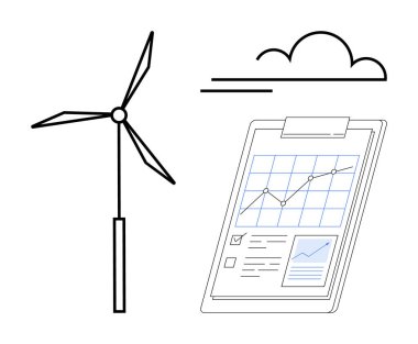 Rüzgar türbini, bir performans çizelgesi, kontrol listesi ve bulut aksanıyla büyüme grafiğini gösteren panonun yanında. Yenilenebilir enerji, sürdürülebilirlik, ilerleme, eko-verimlilik ve araştırma için ideal