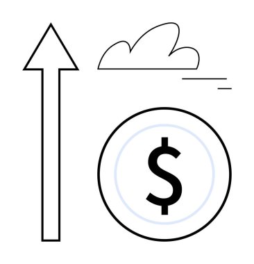 Yukarı ok, dairenin içindeki dolar işareti, ve bulut ilerlemeyi, gelir artışını ve potansiyeli vurguluyor. Finans, iş, ekonomi ve fırsatlar için ideal yatırım sade bir iniş başlattı