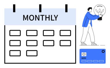 Boş yerleri olan büyük aylık takvim, fikirleri sembolize eden ampul tutan kişi, ayarlı kredi kartı. Planlama, organizasyon, yenilik, bütçe, programlama, iş akışı için ideal