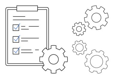 Kontrol listesi olan pano ve takım çalışmasını, iş akışını, görev yönetimini, işlem verimliliğini, verimliliği, hedef ayarını ve basit bir iniş sayfasını temsil eden çoklu kilitlenmiş dişliler