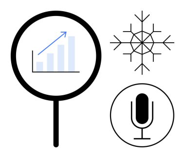 Büyüme grafiği, kar tanesi ve mikrofon üzerinde büyüteç. Veri analizi, iletişim, kış temaları, ilerleme izleme, iş büyümesi, teknoloji sade iniş sayfası için ideal