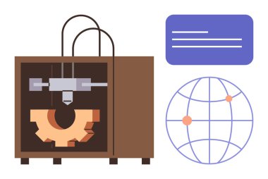 3D yazıcı, küresel bir ağ sembolü ve dijital arayüz paneli eşliğinde bir dişli üretiyor. Teknoloji, yenilik, mühendislik, imalat, eğitim, bağlantı ve tasarım için ideal