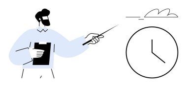 Zaman yönetimi gösterisi için sakallı bir adam saate sopayla işaret ediyor. Proje planlama, verimlilik, teslim tarihleri, rehberlik, koçluk için ideal