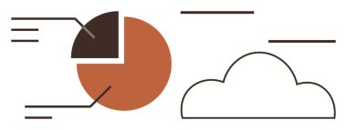 Etiketli bölümler ve bulut içeren pasta grafiği veri analizi, depolama ve paylaşımı temsil ediyor. Teknoloji, veri yönetimi, bulut hizmetleri, bilgi grafikleri, istatistik iş raporları için ideal basit düz