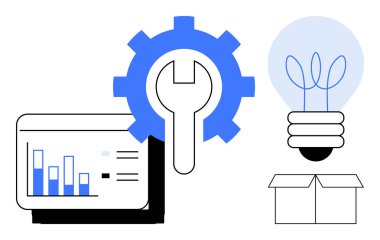 İngiliz anahtarı, bar çizelgesi ekranı, ampul ve kutu yenilik, gelişme ve çözümleri çağrıştırıyor. Konseptler için ideal iş stratejisi, ürün oluşturma, teknoloji fikirleri