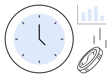 Basit tasarımı olan saat, yükselen bozuk para ve zaman takibi, verimlilik ve yatırım için bar grafiği. İş, finans, planlama, tasarruf yönetimi verimliliği için ideal basit düz metafor