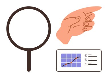 Büyüteç, çizgi grafiği ve bilgisi olan bir veri grafiğini vurgulamak için el işareti. Araştırma, odaklanma, analiz, üretkenlik, liderlik, veri yönetimi kavramsal düşünce için idealdir. Basit.