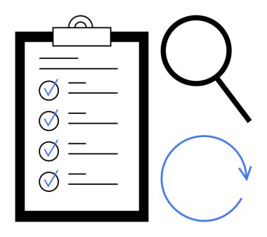 Panoda kontrol işaretleri, büyüteç ve dairesel ok olan kontrol listesi. Organizasyon, verimlilik, inceleme süreci, kalite kontrol, görev yönetimi planlama minimalizmi için idealdir. Basit düz