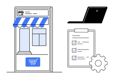 Alışveriş arabası tuşlu dijital mağaza önü, iş akışı için teçhizatlı kontrol listesi ve dizüstü bilgisayar. E-ticaret için ideal, çevrimiçi perakende, iş organizasyonu, mobil kullanılabilirlik, görev yönetimi, üretkenlik basit