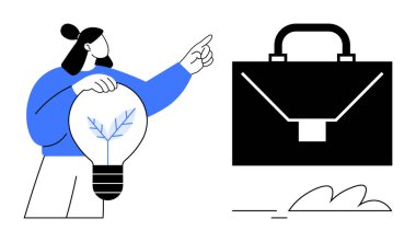 Çevre dostu ampulü tutan bir kadın evrak çantasını işaret ediyor. İş için ideal, yenilik, sürdürülebilirlik, problem çözme, girişimcilik, kariyer geliştirme, yaratıcı düşünce