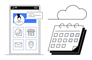 Kullanıcı profili, iletişim simgeleri, konum, mağaza, posta ve bir masa takvimi içeren akıllı telefon arayüzü. Teknoloji, uygulama tasarımı, ağ planlama iş bulutu için ideal