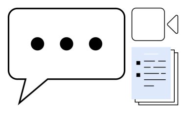 Elips, belge yığını ve dijital iletişimi sembolize eden video oynatma düğmeleri içeren konuşma balonu. İdeal mesajlaşma, işbirliği, çevrimiçi öğrenme, uzak çalışma, bilgi paylaşımı, medya