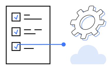 Bir dişli ve bir buluta bağlı tamamlanmış görevleri vurgulamak, süreç optimizasyonunu sembolize etmek, bulut hesaplaması, otomasyon, iş akışı, veri senkronizasyonu, üretkenlik ve dijital