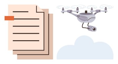 Üst üste yığılmış belgeler ve bulut görüntüleriyle uçan bir kamerayla gözetleme kuadkopteri. Teknoloji, izleme, veri güvenliği, bulut depolama, uzaktan erişim, UAV sistemleri, gizlilik sorunları için ideal