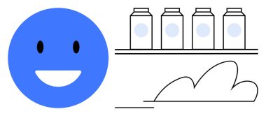 Yüzen bulut çizgisi resimli süt kutularının yanında kocaman mavi bir gülen yüz. Süt ürünleri reklamcılığı, mutluluk, beslenme, pozitiflik, gıda endüstrisi, minimalizm, basit düz metafor
