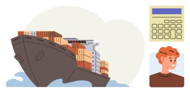 Denizde konteynır taşıyan kargo gemisi finansal hesaplamaları sembolize eden hesap makinesi ve insan katılımını temsil eden kişi. Lojistik, nakliye, ticaret, yönetim, finans ve takım çalışması için ideal