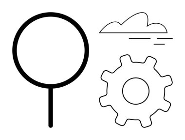 Büyüteç, bulut ve dişli tasarım elementleri keşif, teknoloji ve sistem optimizasyonunu öneriyor. Arama araçları, dijital sistemler, iş akışı yenilik büyüme analizi için idealdir. Basit.