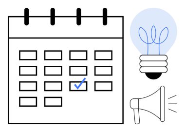 İşaretli tarihli takvim, fikri sembolize eden ampul ve iletişim için megafon. Program, verimlilik, planlama, yenilik, organizasyon pazarlamayı hatırlatıyor. Basit düz