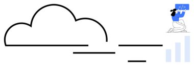 Ekranda bir geliştirici kod yazan bir bulut iskeleti ve yükselen çubuk grafikleri. Bulut hesaplama, geliştirme, analitik, veri büyümesi, teknoloji, yenilik, basit iniş için ideal